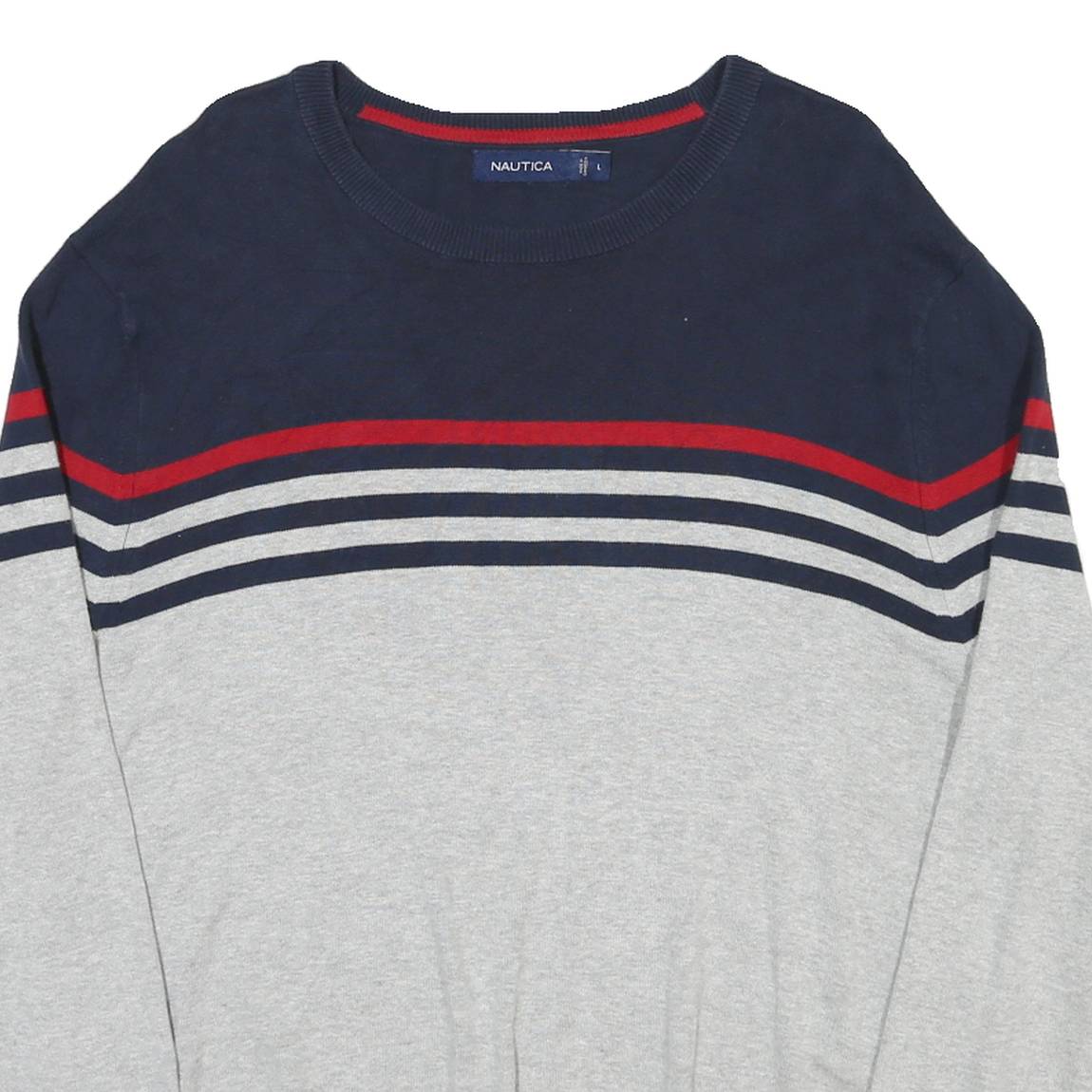NAUTICA Mens Navy & Grey Striped Plain Crew Neck Basic Knit Jumper L Cotton