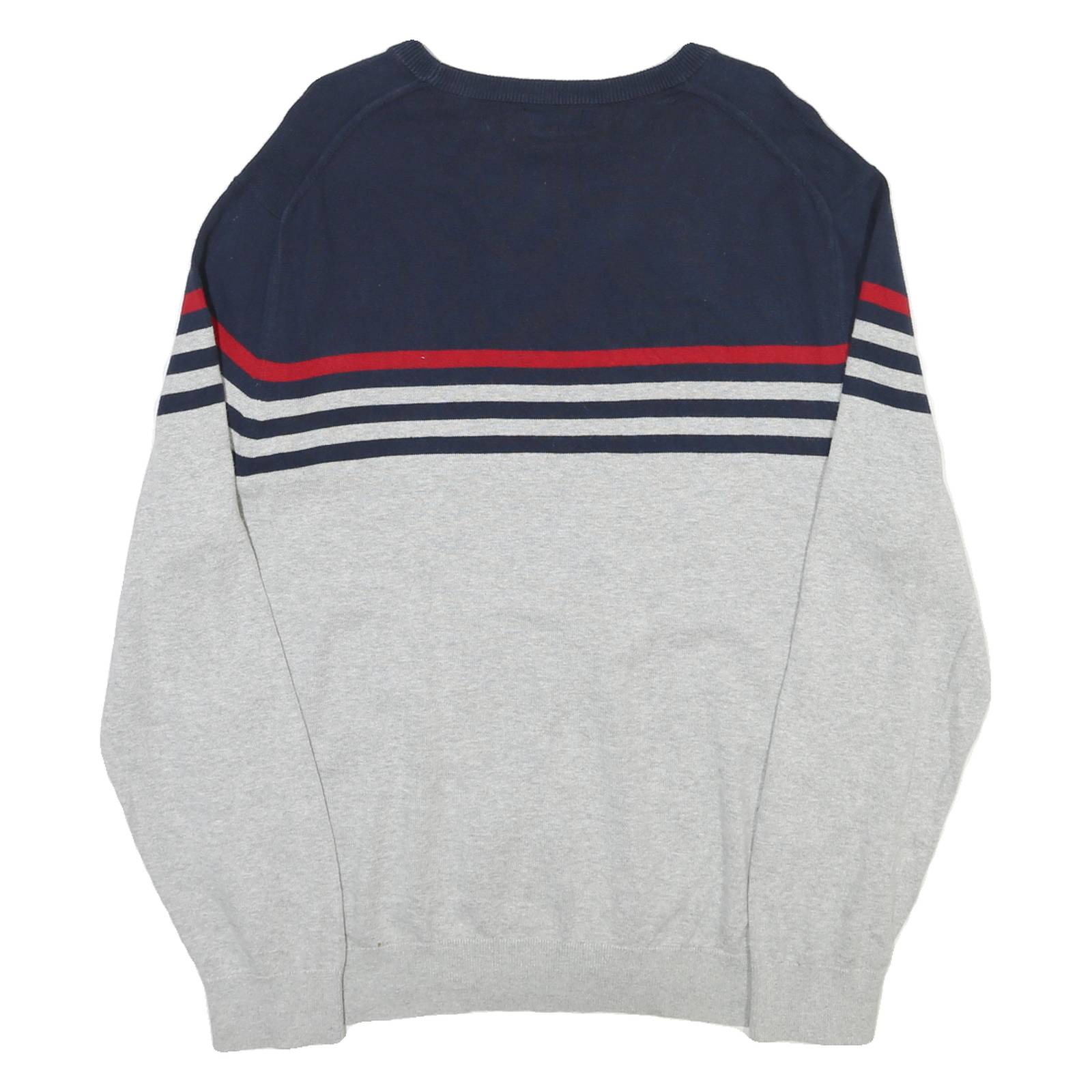 NAUTICA Mens Navy & Grey Striped Plain Crew Neck Basic Knit Jumper L Cotton