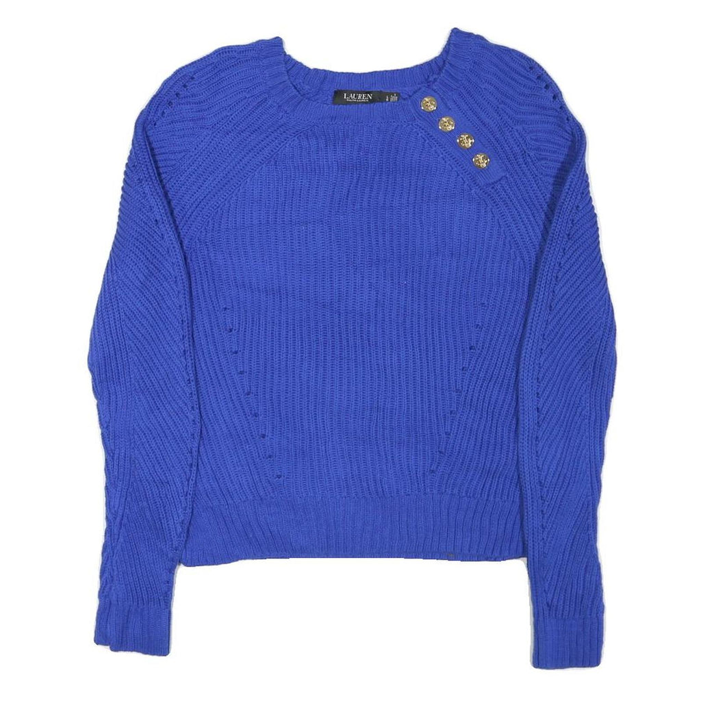 LAUREN RALPH LAUREN Womens Blue Chunky Knit Crew Neck Jumper L Button Detail