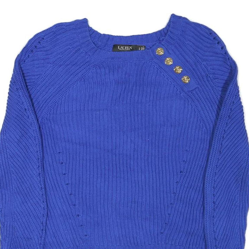 LAUREN RALPH LAUREN Womens Blue Chunky Knit Crew Neck Jumper L Button Detail