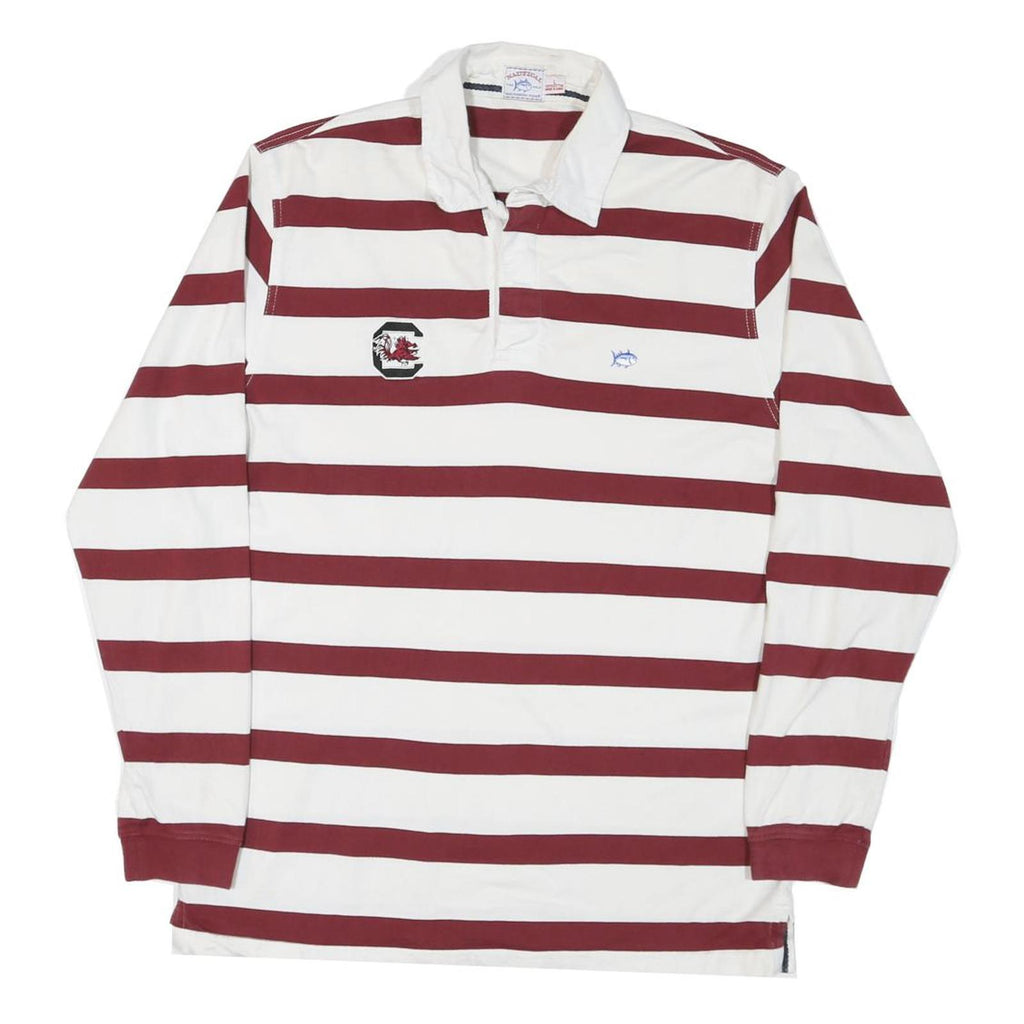 NAUTICAL Mens White & Burgundy Striped Long Sleeve Polo Shirt L Cotton Blend