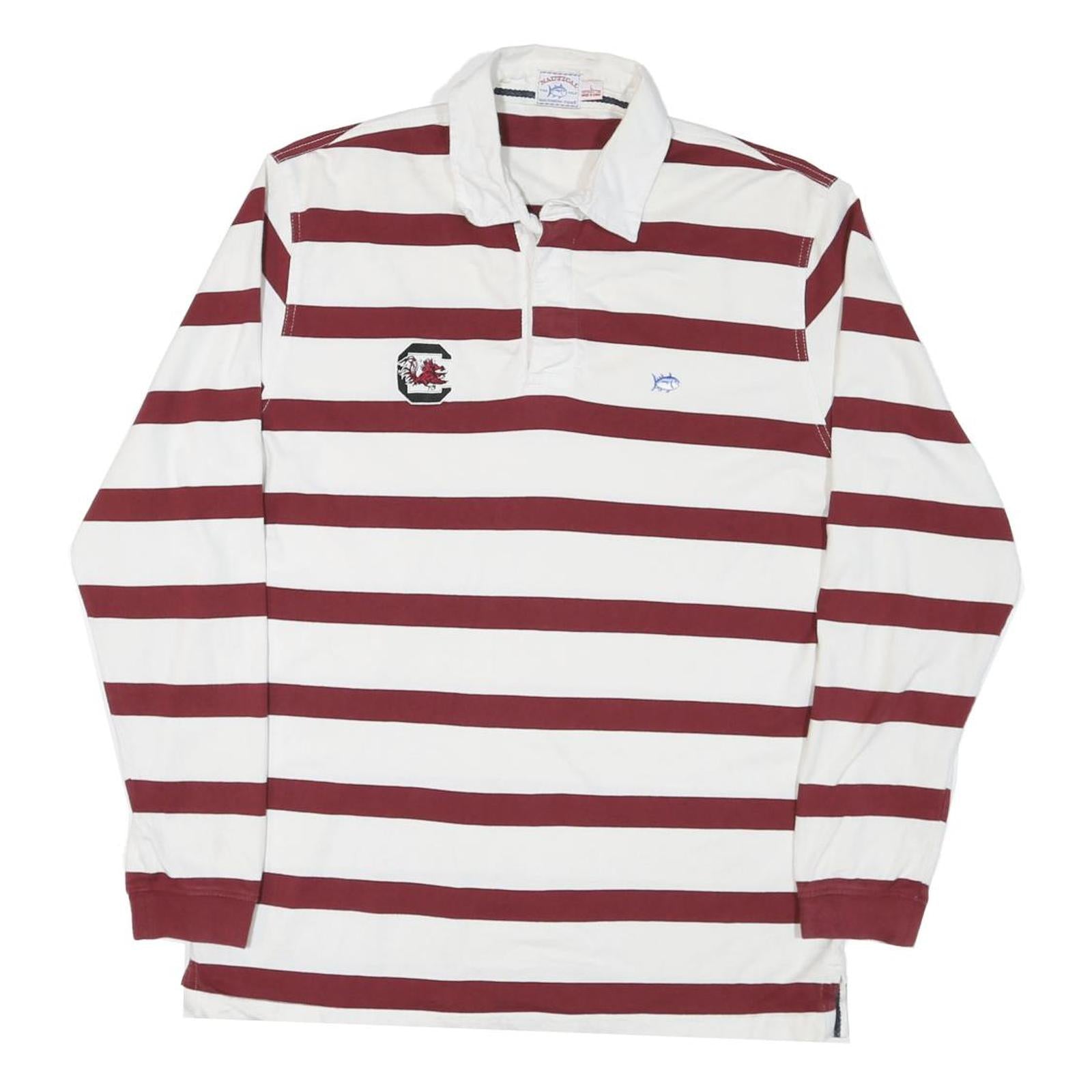 NAUTICAL Mens White & Burgundy Striped Long Sleeve Polo Shirt L Cotton Blend