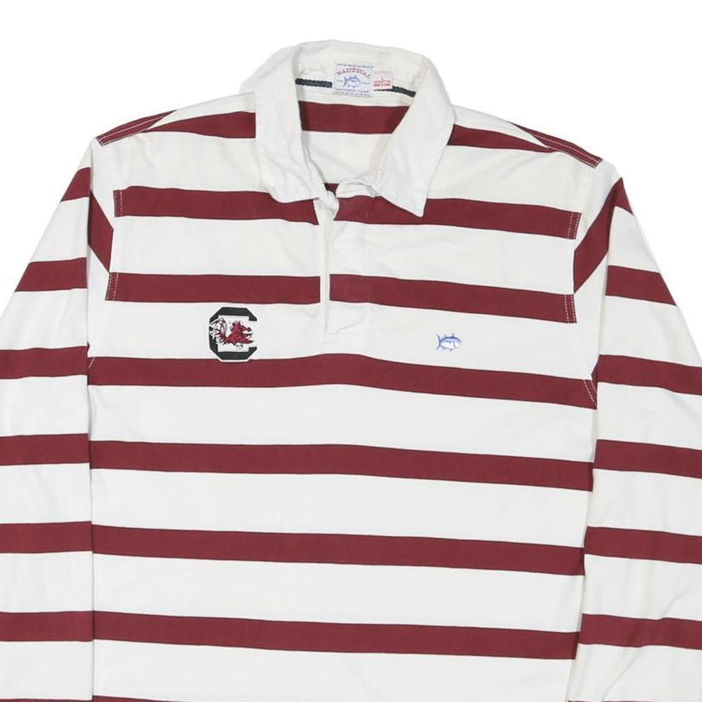 NAUTICAL Mens White & Burgundy Striped Long Sleeve Polo Shirt L Cotton Blend
