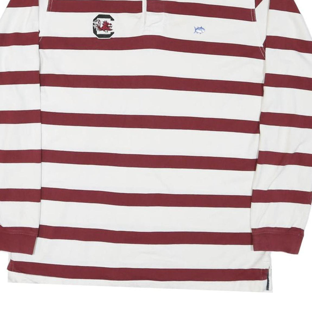 NAUTICAL Mens White & Burgundy Striped Long Sleeve Polo Shirt L Cotton Blend