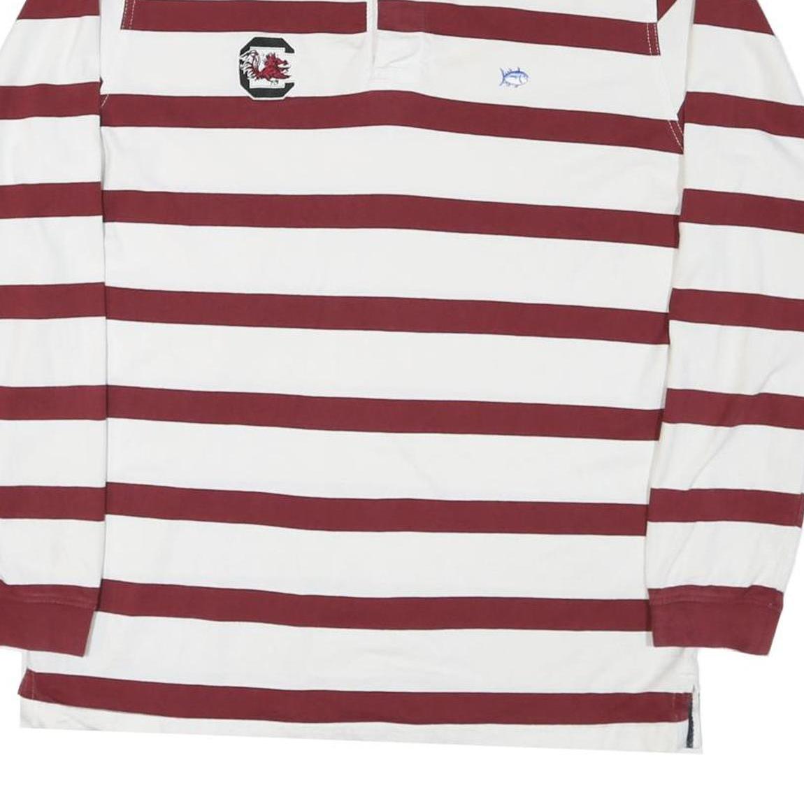 NAUTICAL Mens White & Burgundy Striped Long Sleeve Polo Shirt L Cotton Blend