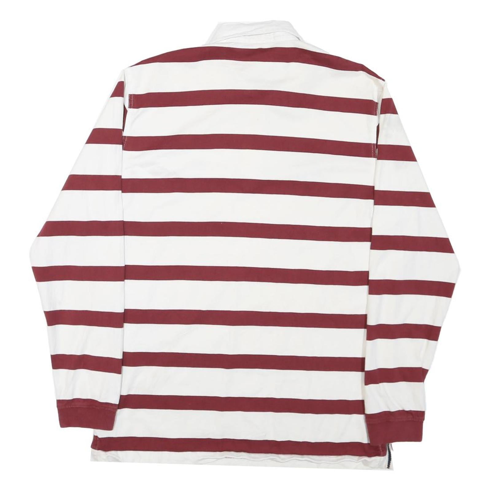 NAUTICAL Mens White & Burgundy Striped Long Sleeve Polo Shirt L Cotton Blend