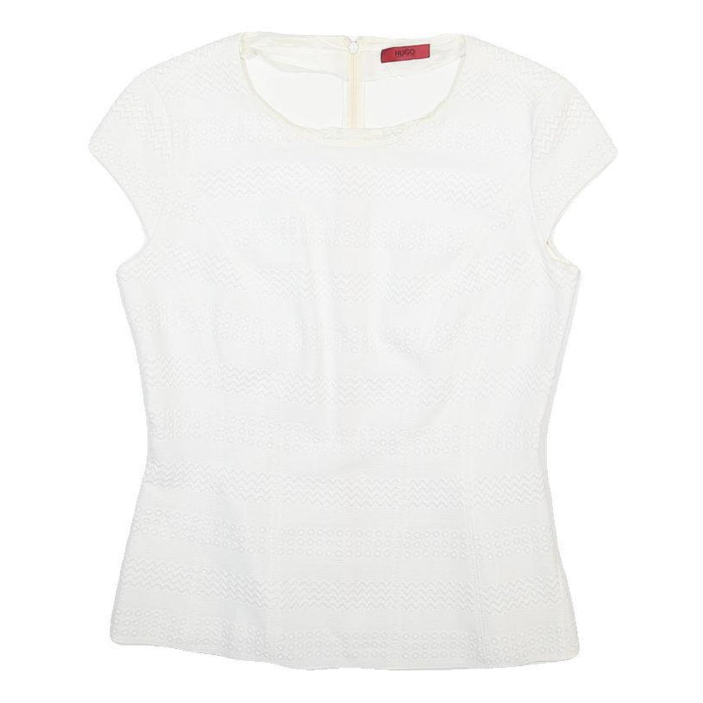 HUGO BOSS Womens White Printed Top Short Sleeve Round Neck Size S Stylish