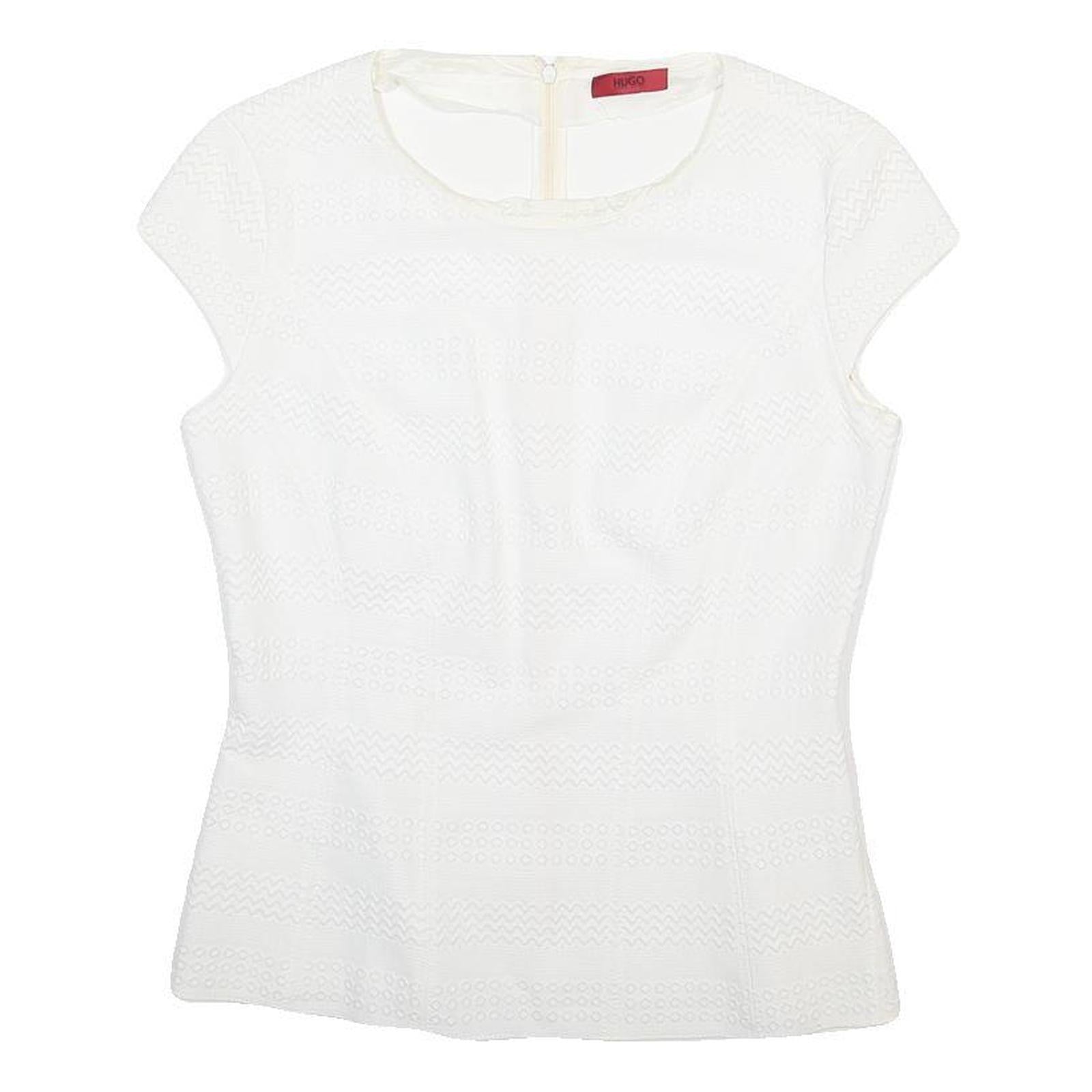 HUGO BOSS Womens White Printed Top Short Sleeve Round Neck Size S Stylish