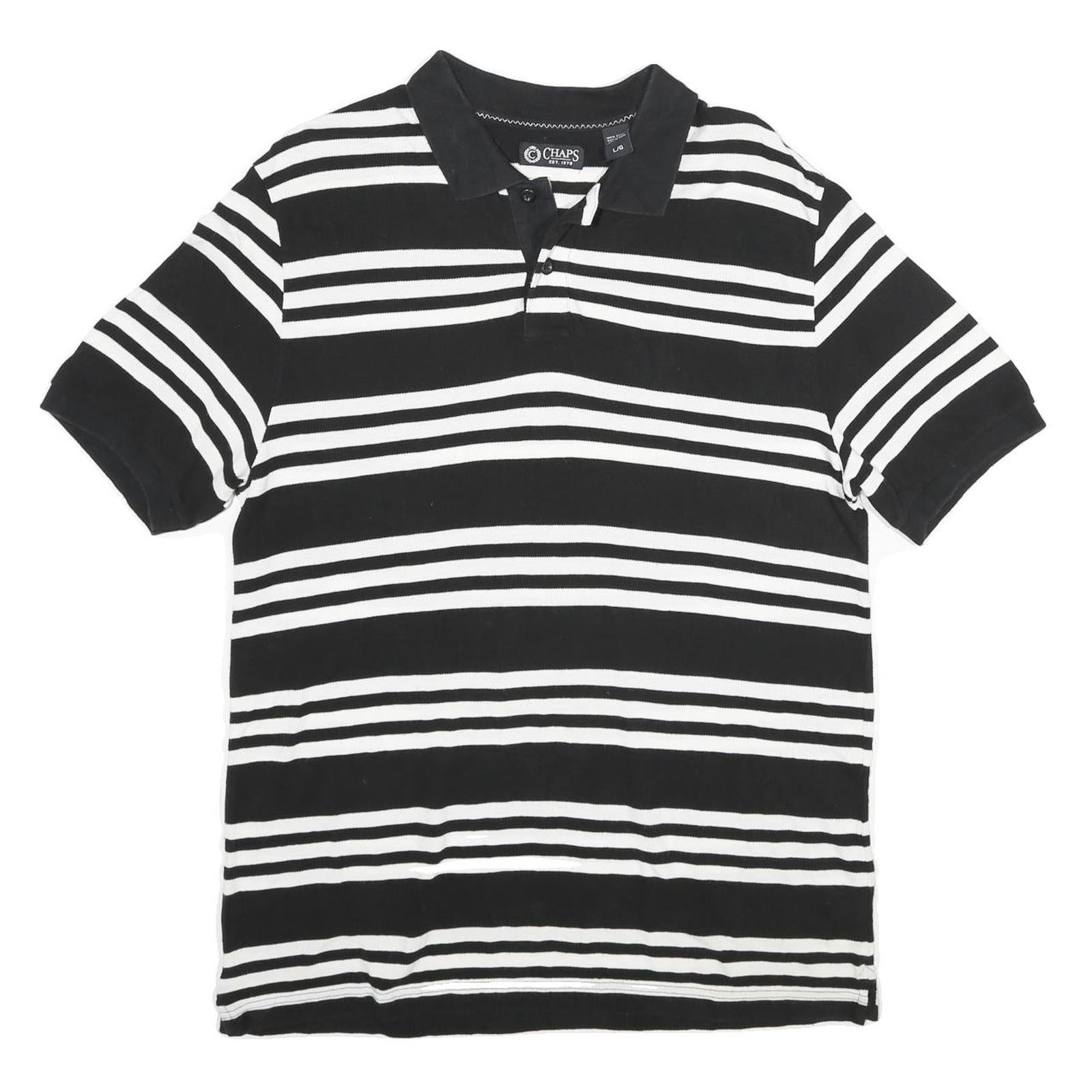 CHAPS Mens Black & White Striped Short Sleeve Polo Shirt L Cotton Casual Summer