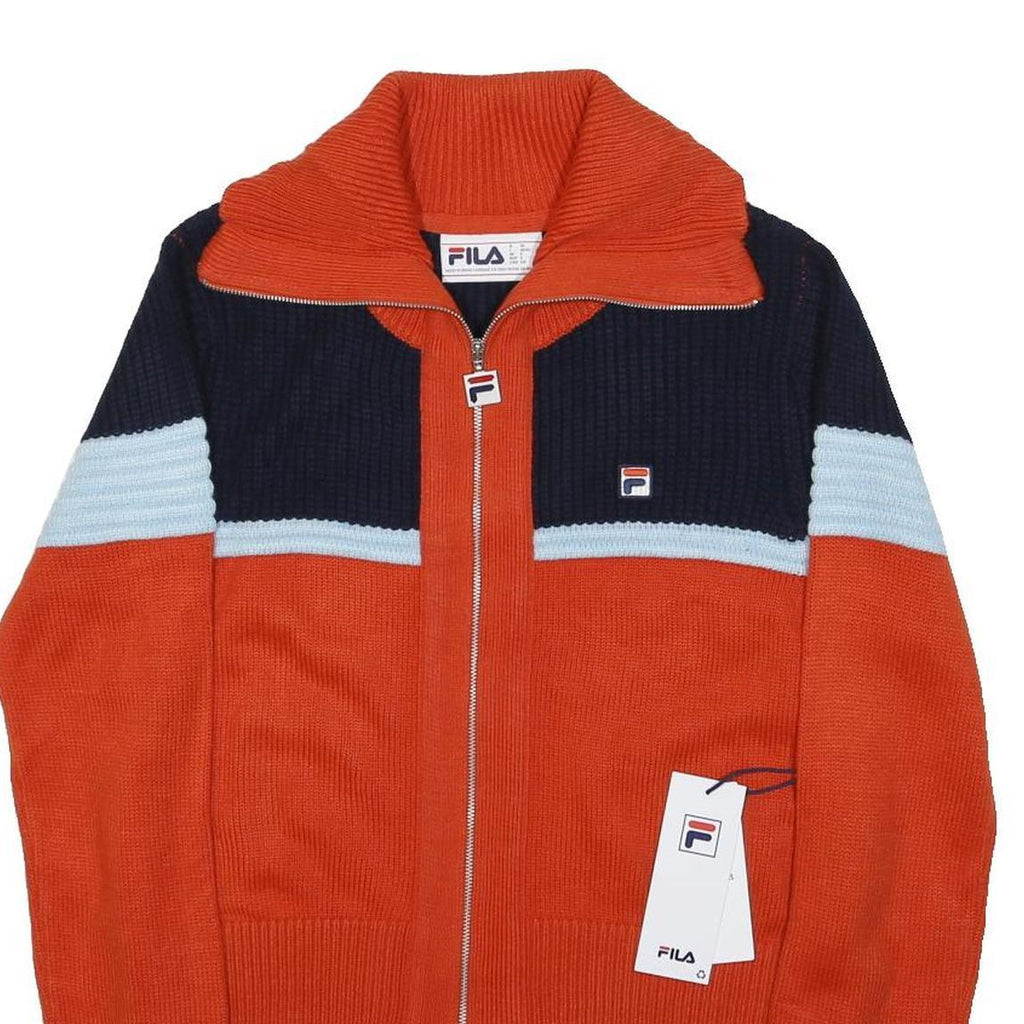FILA Womens Orange & Navy Colourblock Pattern Zip Up Jumper Crew Neck S Acrylic