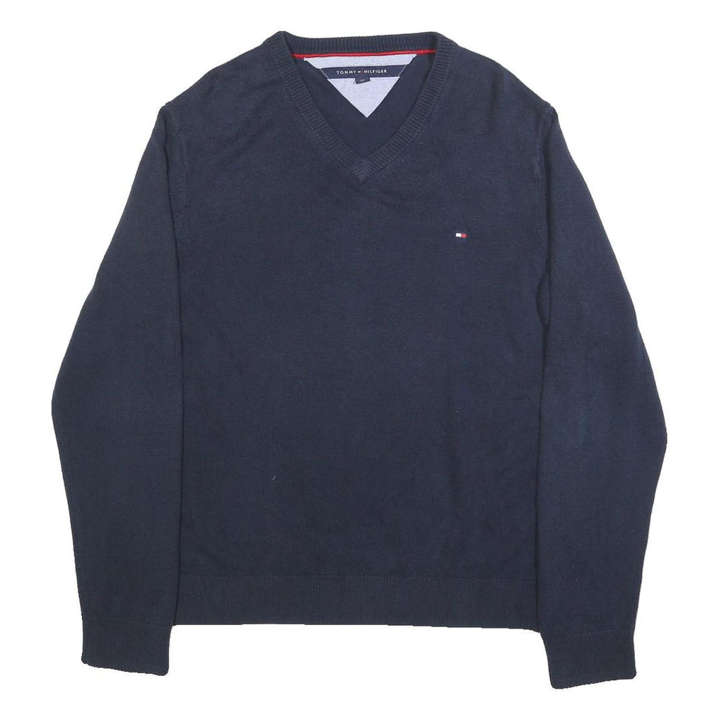 TOMMY HILFIGER Mens Navy Plain Cotton Blend Regular Fit V-Neck Jumper L Classic