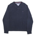TOMMY HILFIGER Mens Navy Plain Cotton Blend Regular Fit V-Neck Jumper L Classic