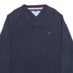 TOMMY HILFIGER Mens Navy Plain Cotton Blend Regular Fit V-Neck Jumper L Classic