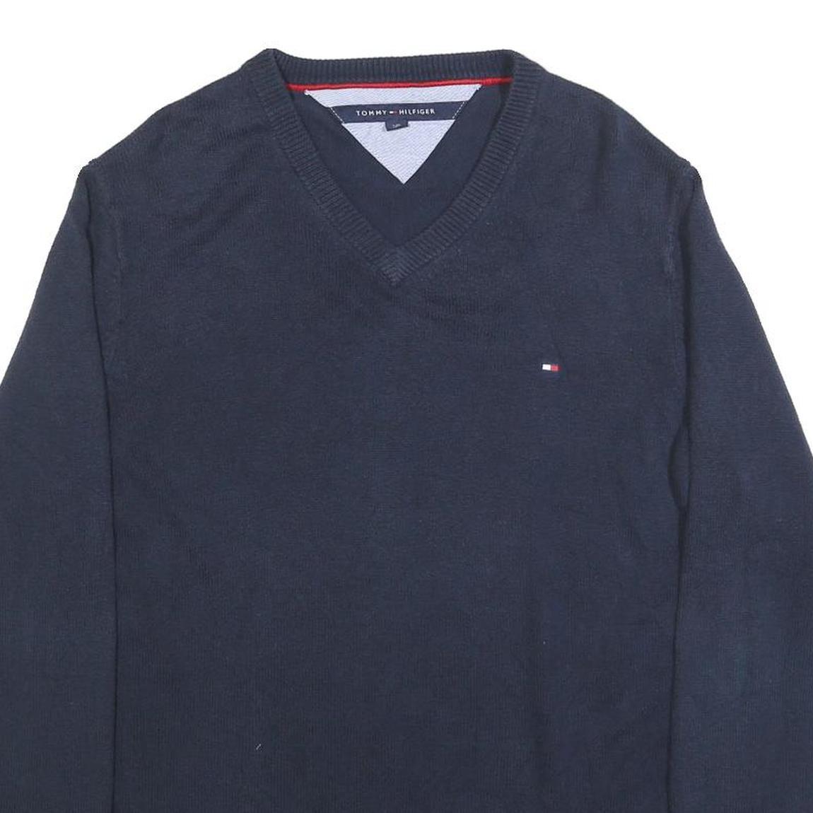 TOMMY HILFIGER Mens Navy Plain Cotton Blend Regular Fit V-Neck Jumper L Classic