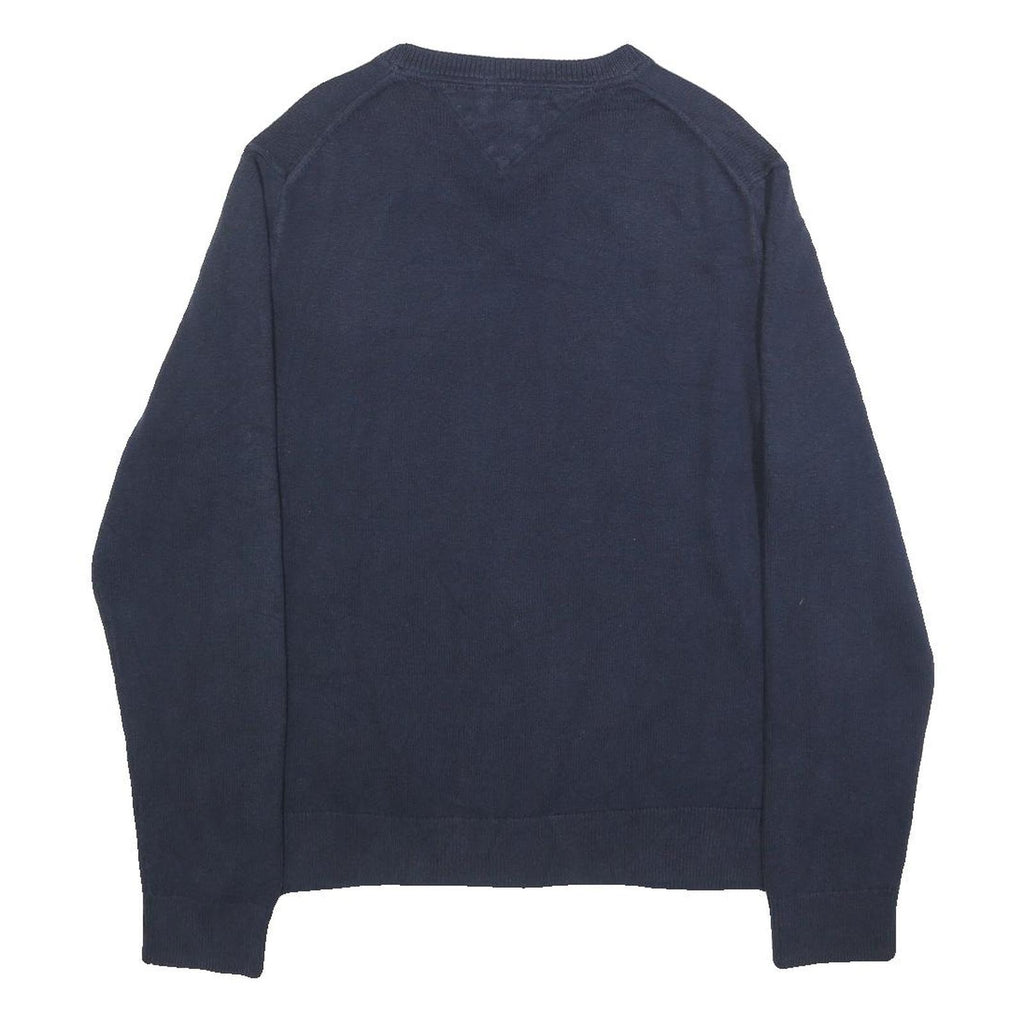 TOMMY HILFIGER Mens Navy Plain Cotton Blend Regular Fit V-Neck Jumper L Classic