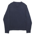 TOMMY HILFIGER Mens Navy Plain Cotton Blend Regular Fit V-Neck Jumper L Classic