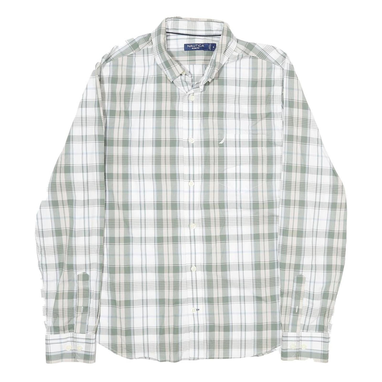 NAUTICA Mens Green & White Check Shirt S Cotton Long Sleeve Button Down Casual