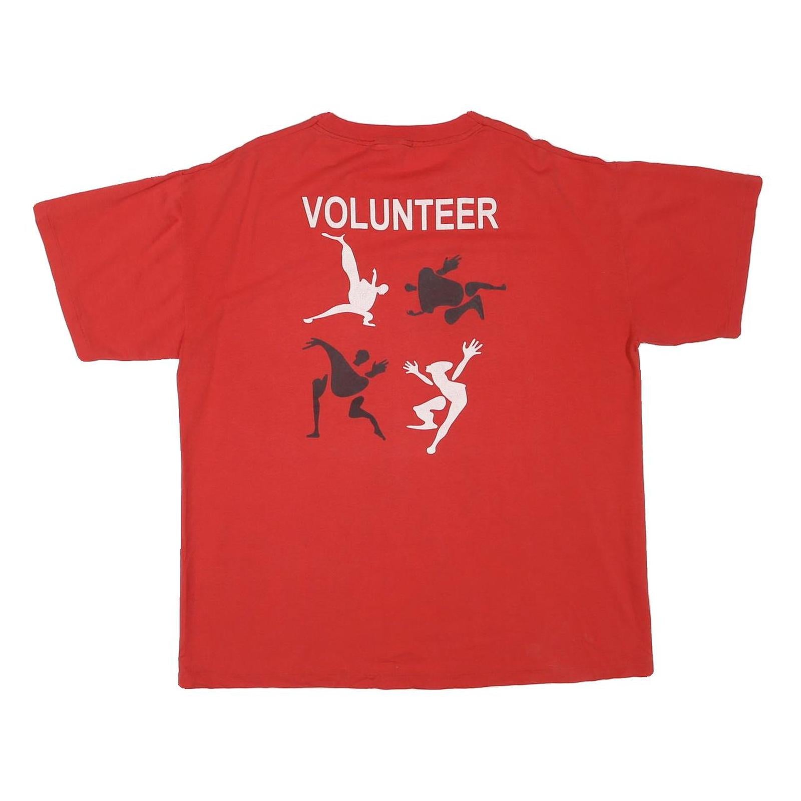 Mens Red Graphic T-Shirt L Short Sleeve Crew Neck Volunteer Dancing Print