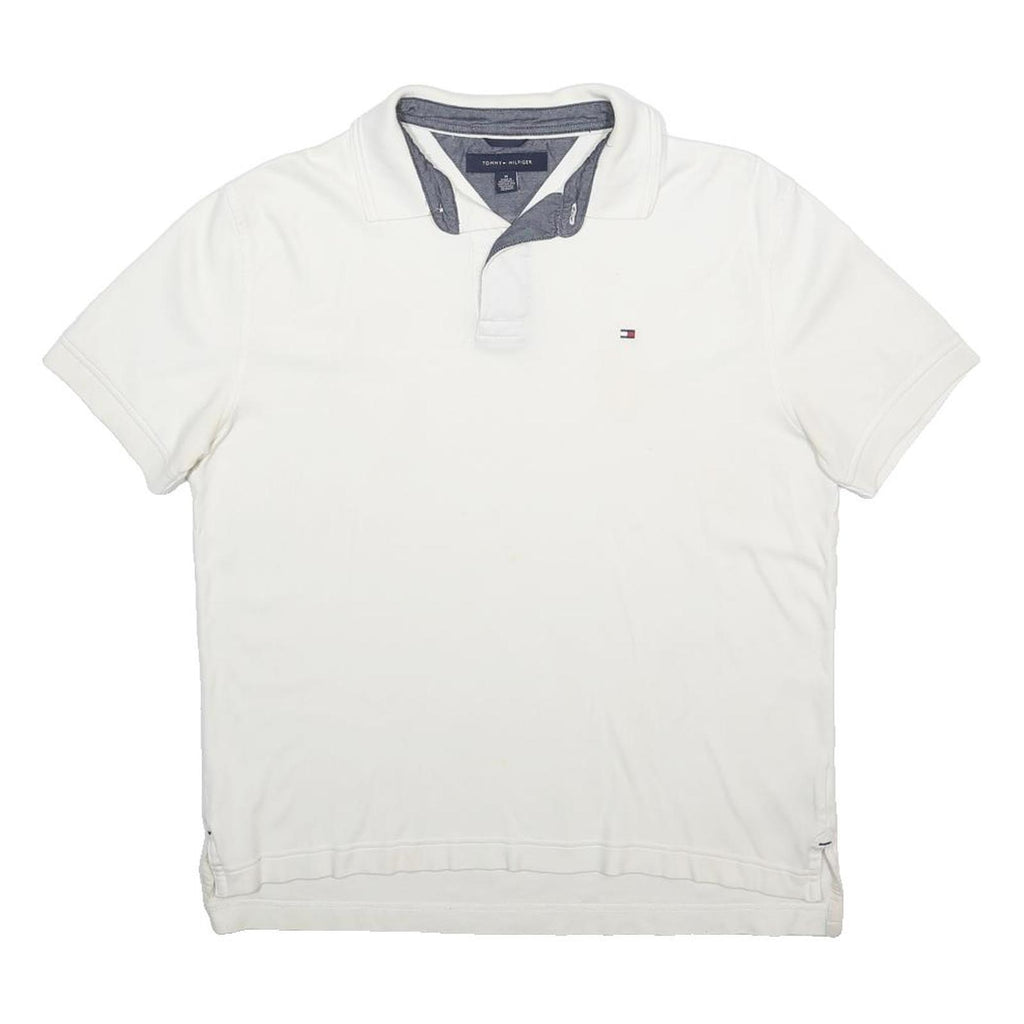 TOMMY HILFIGER Mens White Short Sleeve Plain Polo Shirt M Cotton Blend Casual