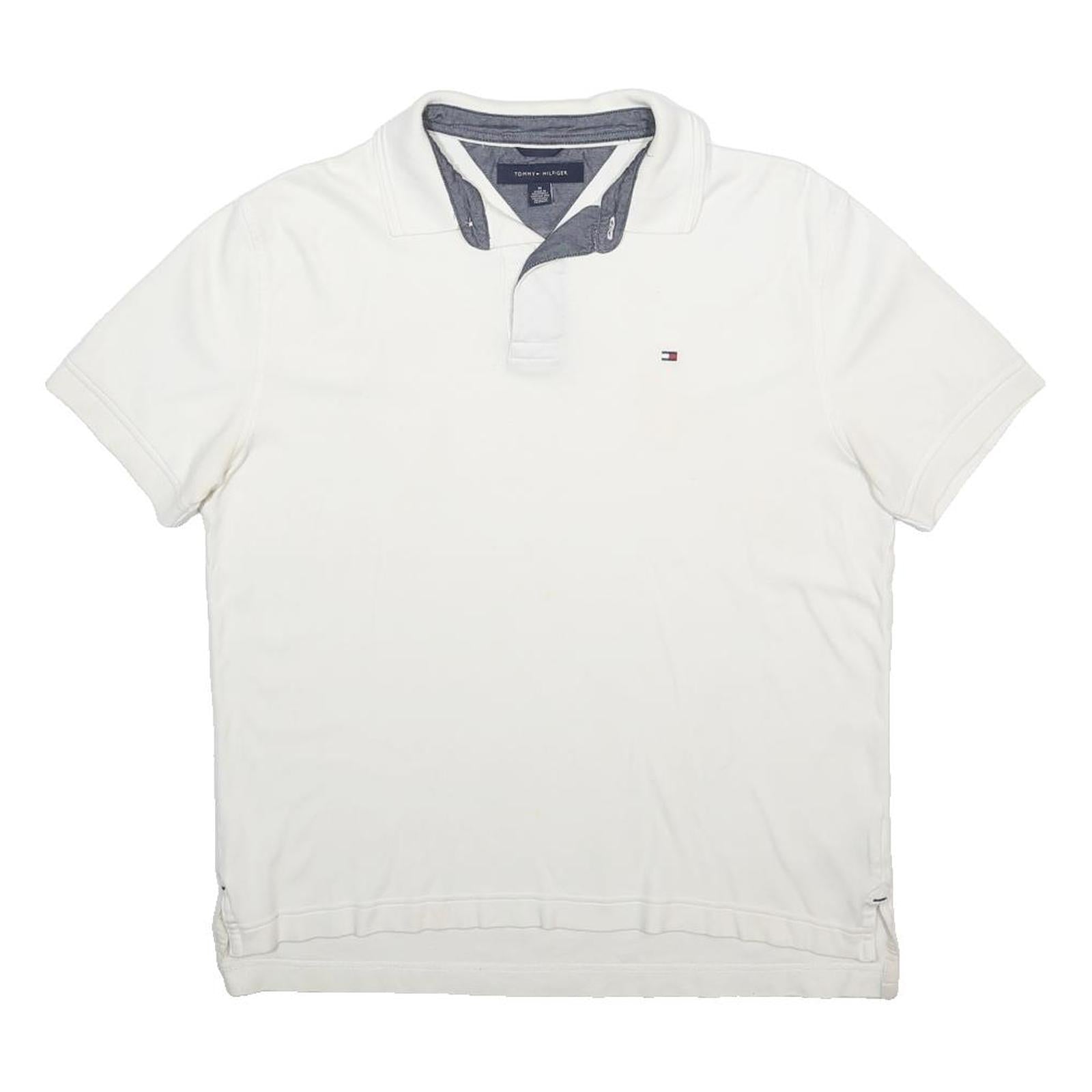 TOMMY HILFIGER Mens White Short Sleeve Plain Polo Shirt M Cotton Blend Casual