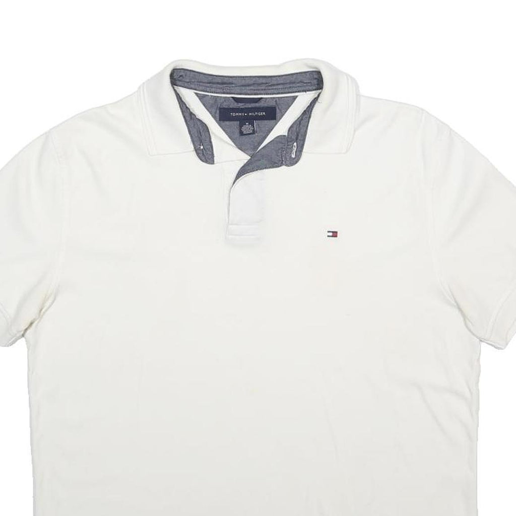 TOMMY HILFIGER Mens White Short Sleeve Plain Polo Shirt M Cotton Blend Casual