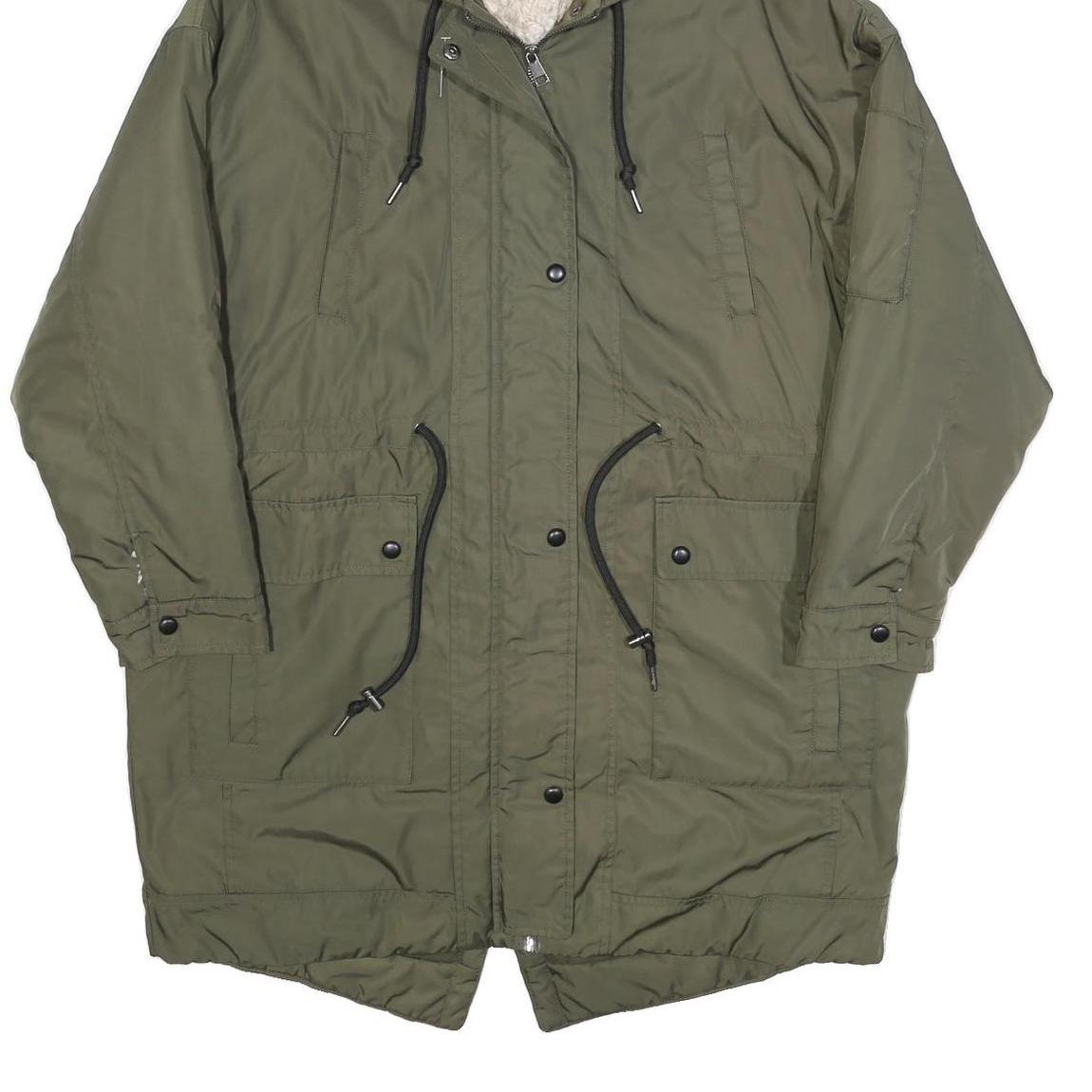 ZARA Womens Green Polyester Parka Jacket S Woven Zip Hooded Casual