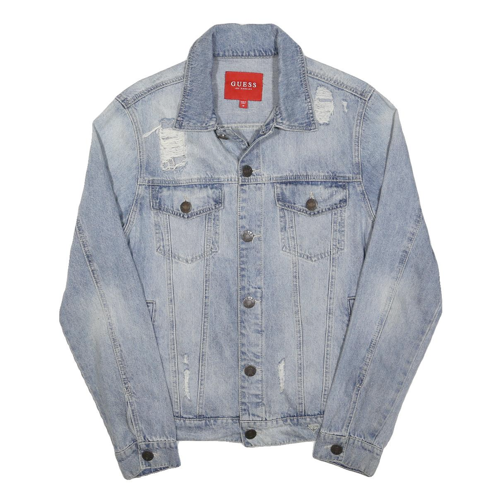 GUESS Womens Blue Denim Jacket M Cotton Distressed Casual Button Closure