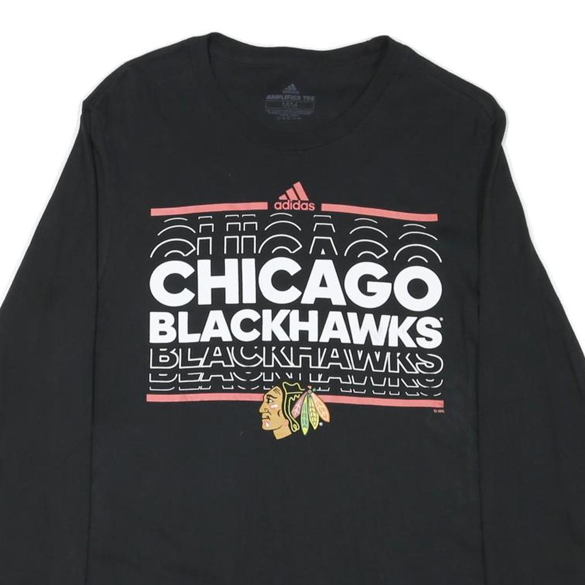 ADIDAS Mens Black Chicago Blackhawks Long Sleeve Crew Neck Cotton Blend T-Shirt