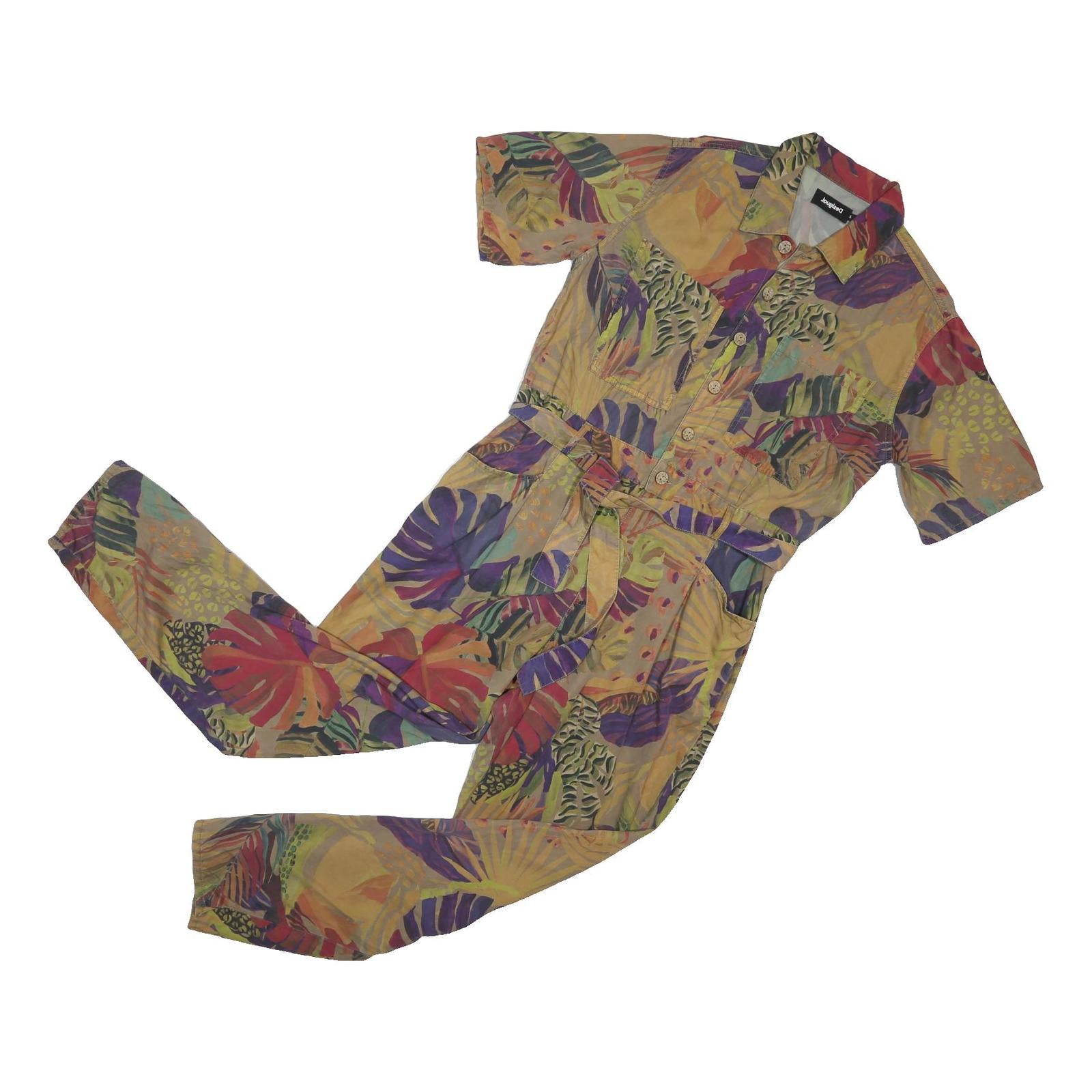 DESIGUAL Womens Yellow Multi Leaf Print Playsuit XL Button Front Casual Wear