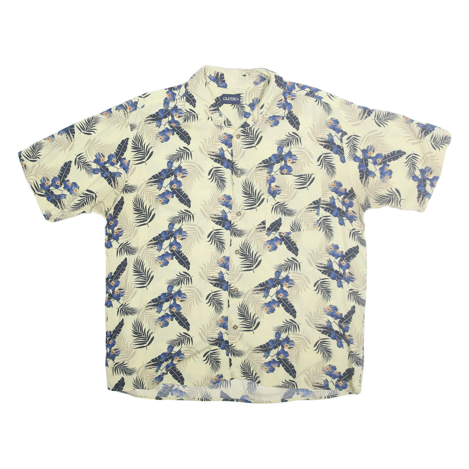 PURITAN Mens Cream & Blue Floral Rayon Shirt XL Summer Casual Tropical