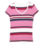 TOMMY HILFIGER Womens Pink & Red Striped T-Shirt M Short Sleeve V-Neck Cotton