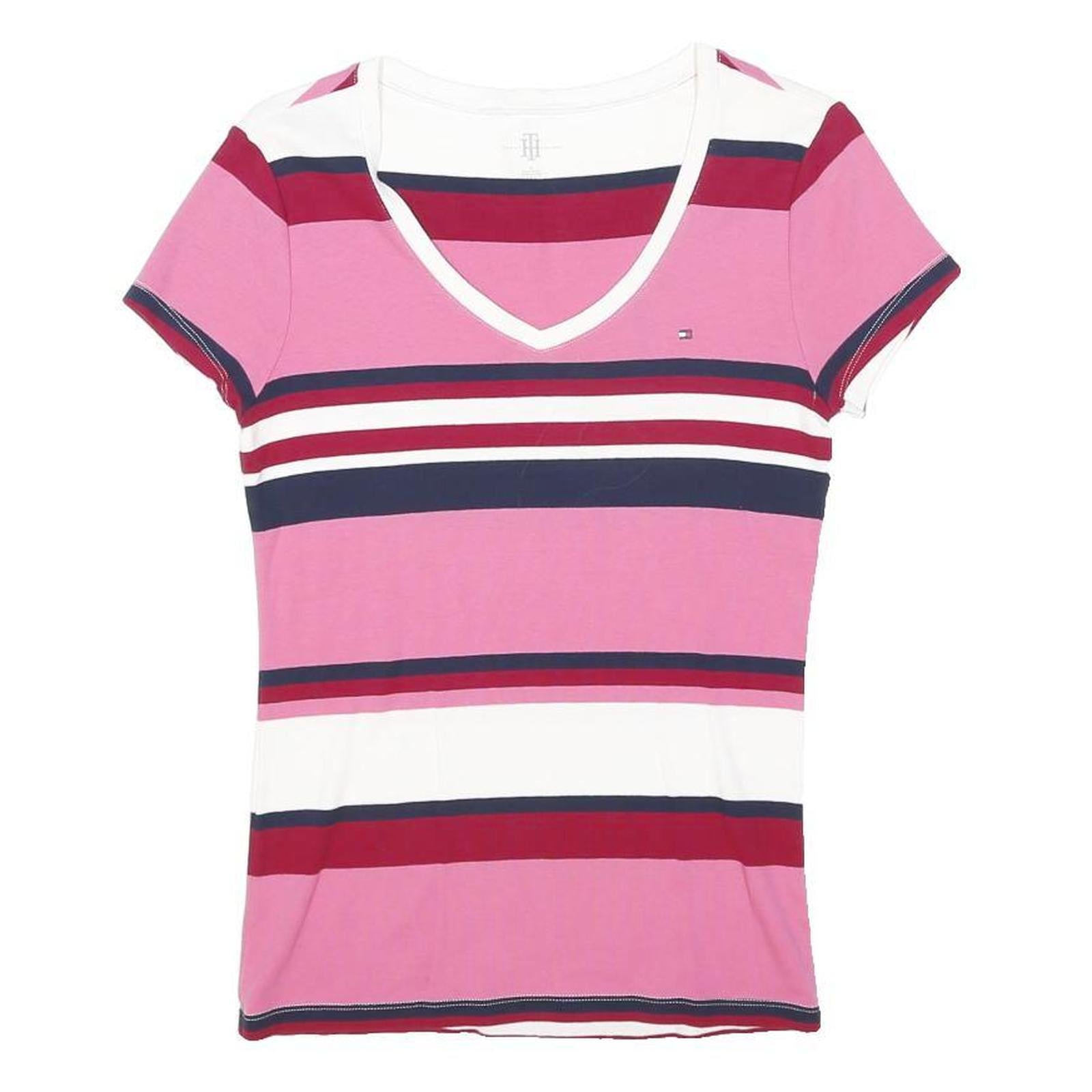 TOMMY HILFIGER Womens Pink & Red Striped T-Shirt M Short Sleeve V-Neck Cotton