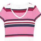 TOMMY HILFIGER Womens Pink & Red Striped T-Shirt M Short Sleeve V-Neck Cotton