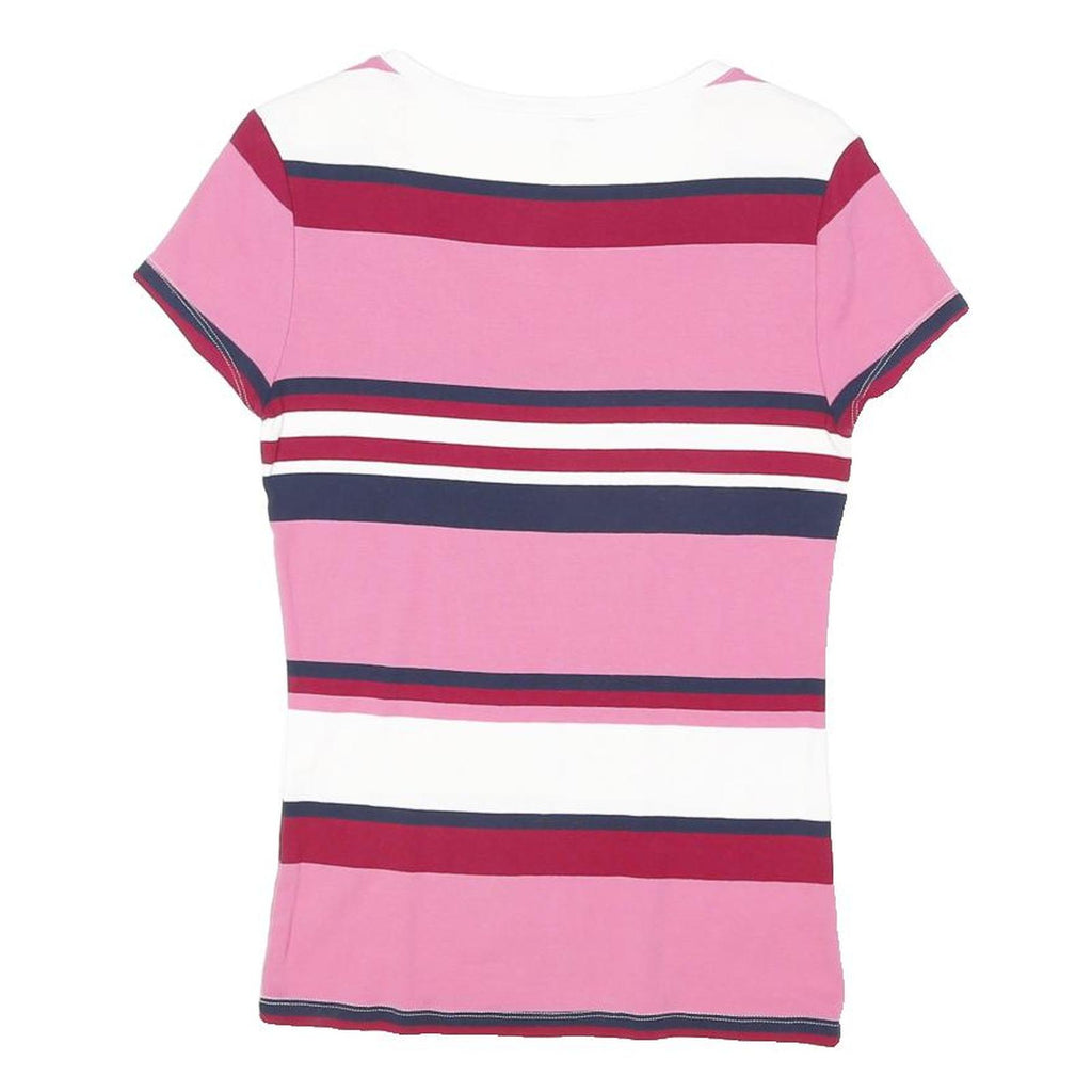 TOMMY HILFIGER Womens Pink & Red Striped T-Shirt M Short Sleeve V-Neck Cotton