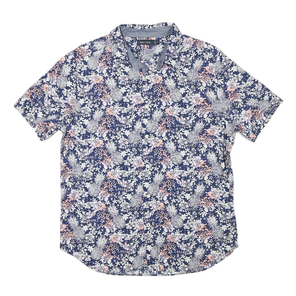 NAUTICA Mens Blue Floral Cotton Blend Shirt L Casual Summer Short Sleeve