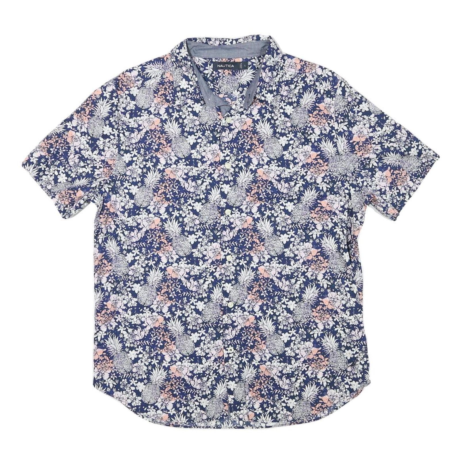 NAUTICA Mens Blue Floral Cotton Blend Shirt L Casual Summer Short Sleeve