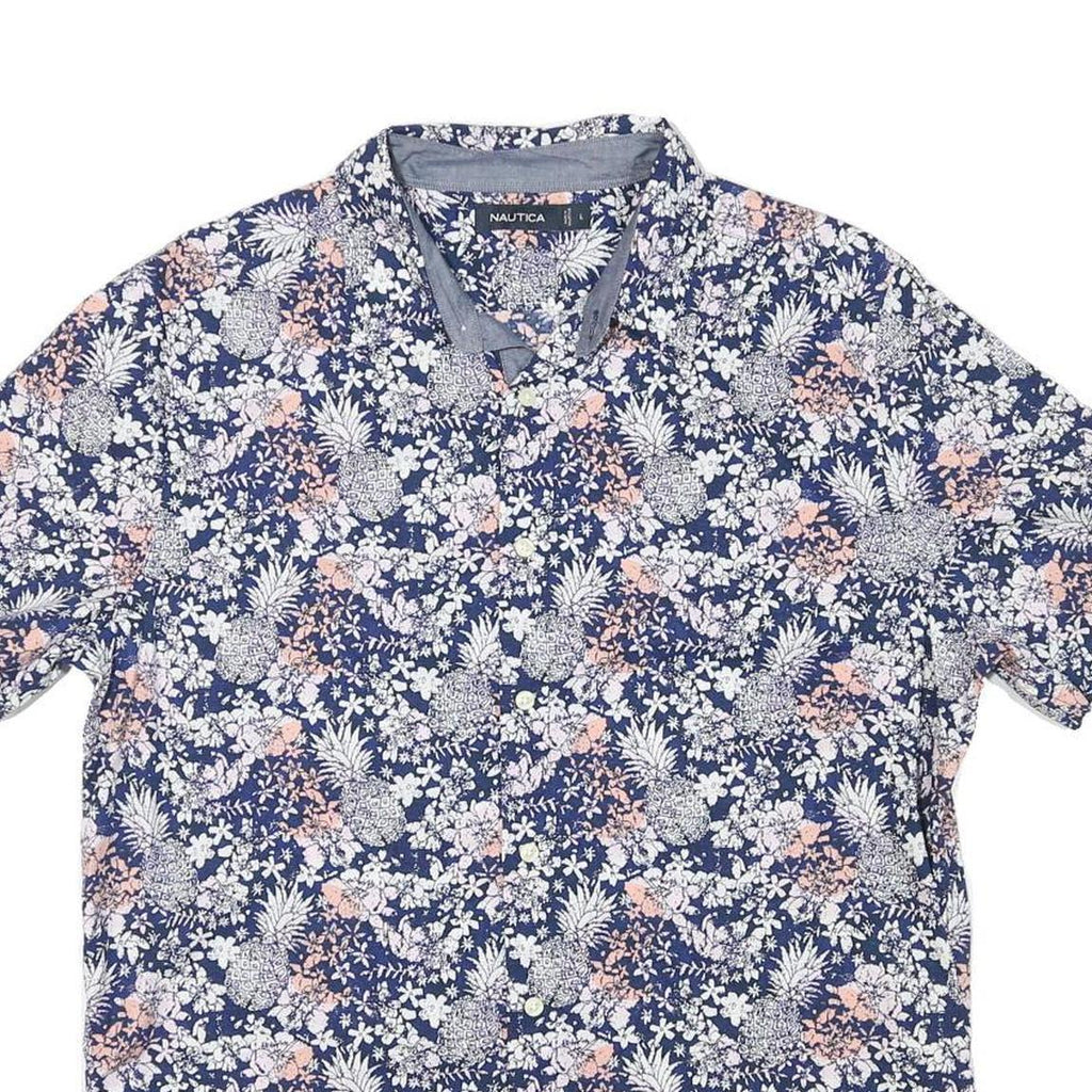 NAUTICA Mens Blue Floral Cotton Blend Shirt L Casual Summer Short Sleeve