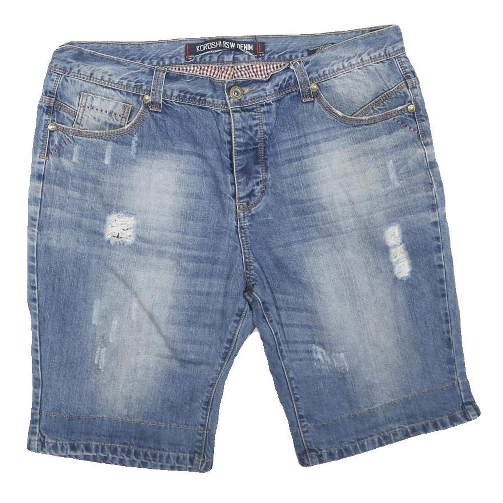 KOROSHI DENIM Mens Shorts Blue XL W38 Distressed Casual Cotton Blend Relaxed Fit