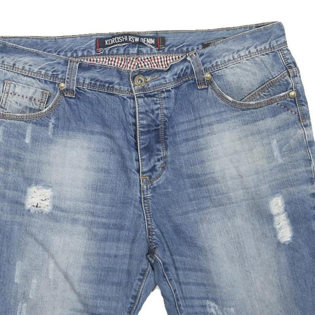 KOROSHI DENIM Mens Shorts Blue XL W38 Distressed Casual Cotton Blend Relaxed Fit