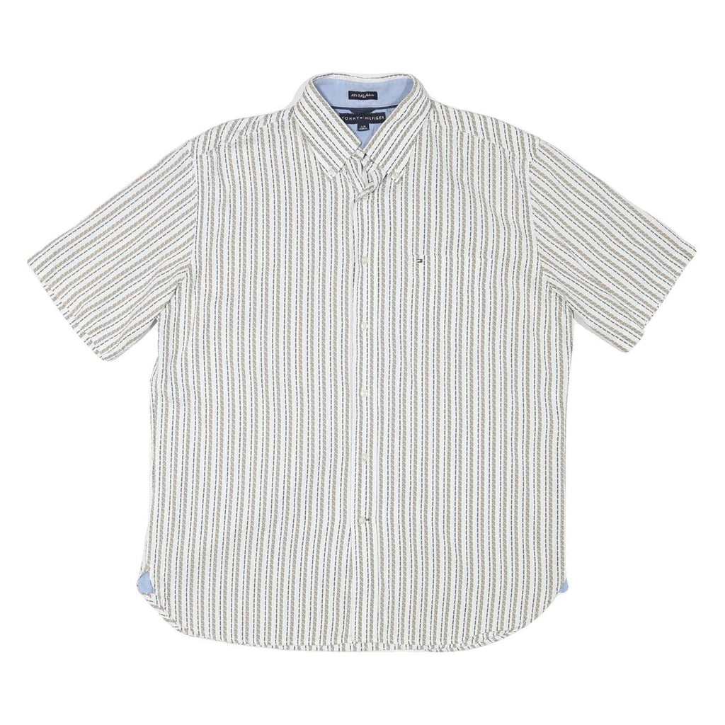 TOMMY HILFIGER Mens White & Brown Patterned Shirt L Button Down Cotton Blend