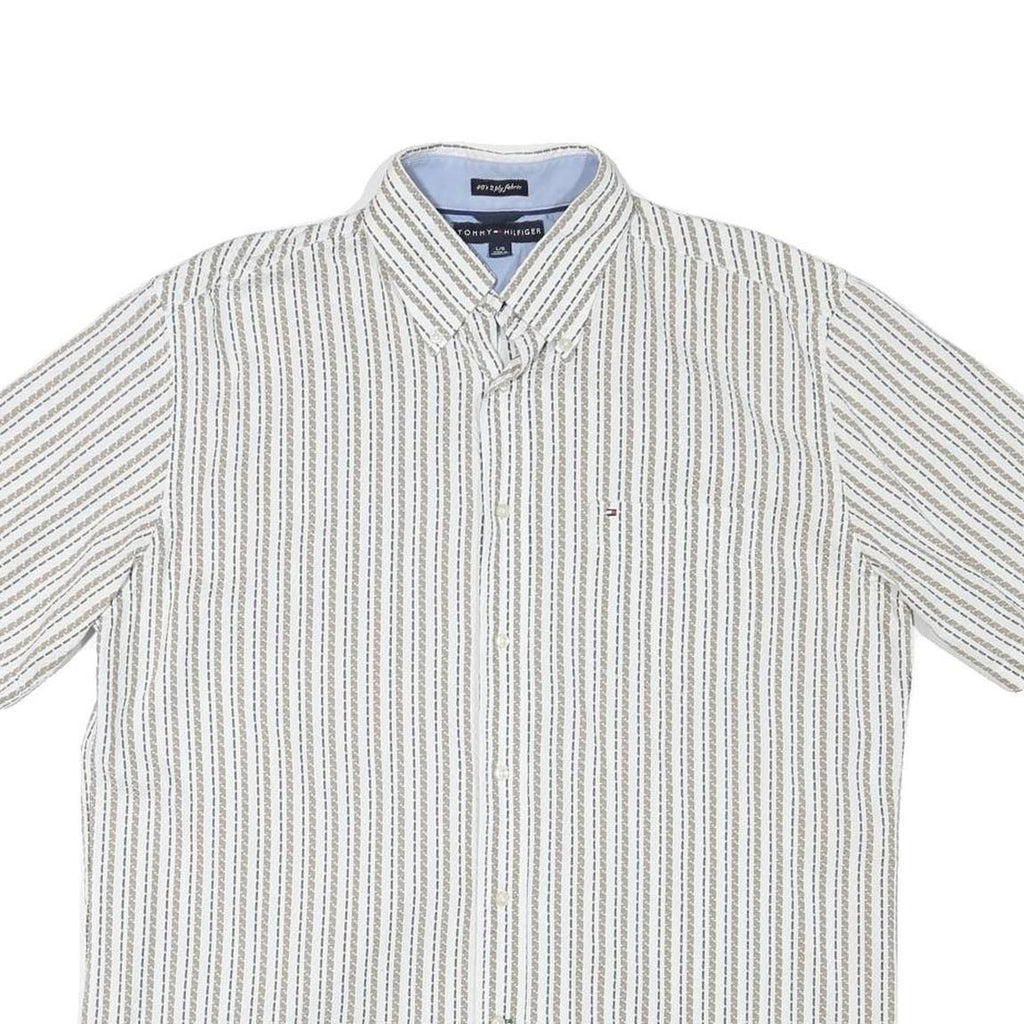 TOMMY HILFIGER Mens White & Brown Patterned Shirt L Button Down Cotton Blend