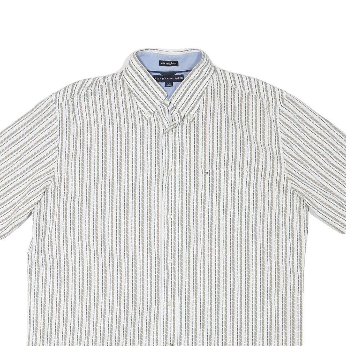 TOMMY HILFIGER Mens White & Brown Patterned Shirt L Button Down Cotton Blend