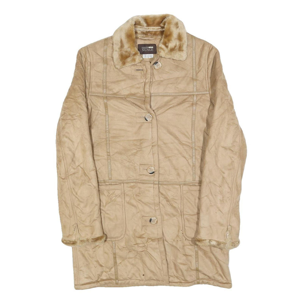 NUAGE Womens Beige Button Jacket S Polyester Faux Fur Collar Pockets Classic