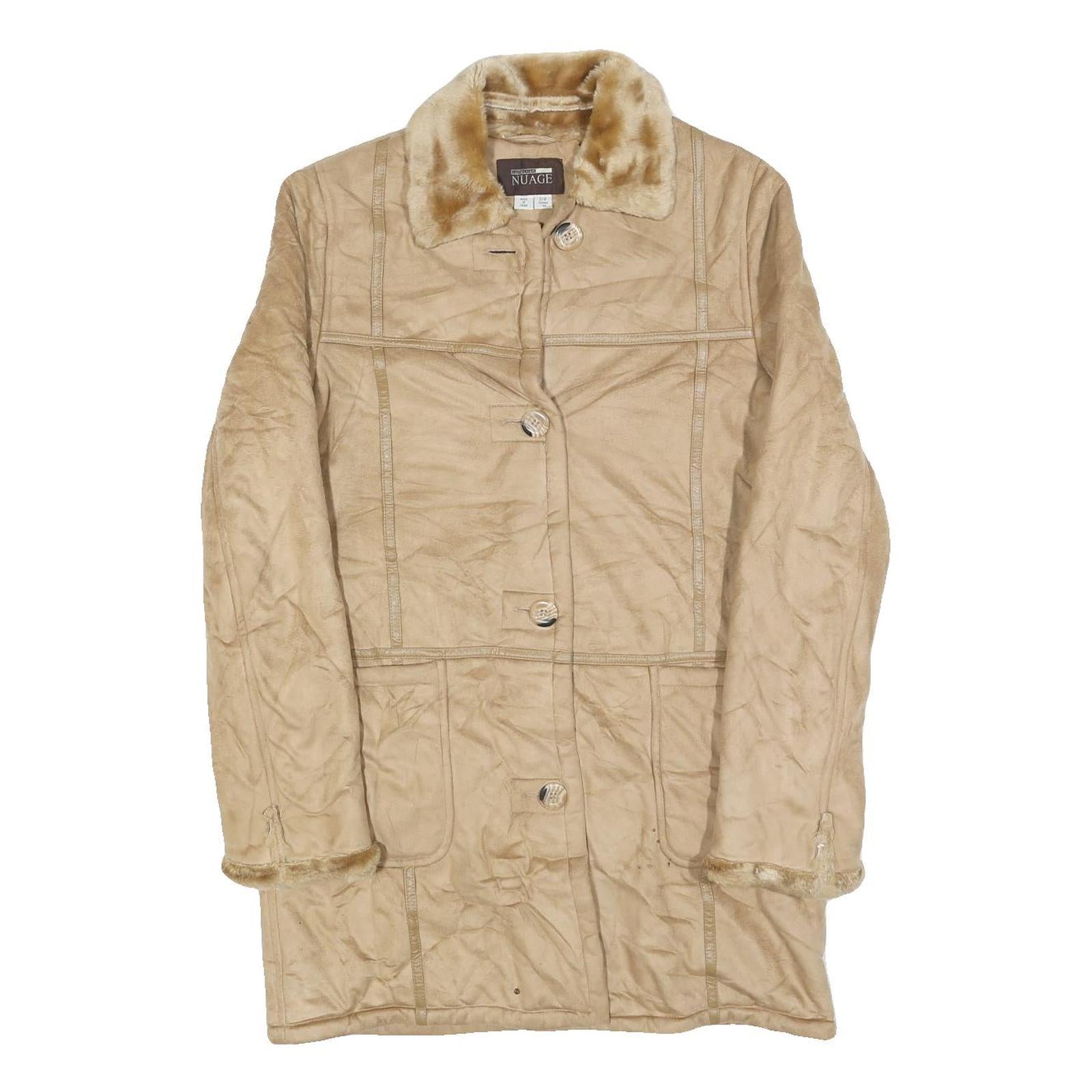 NUAGE Womens Beige Button Jacket S Polyester Faux Fur Collar Pockets Classic