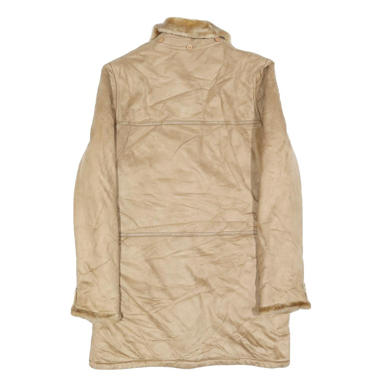 NUAGE Womens Beige Button Jacket S Polyester Faux Fur Collar Pockets Classic