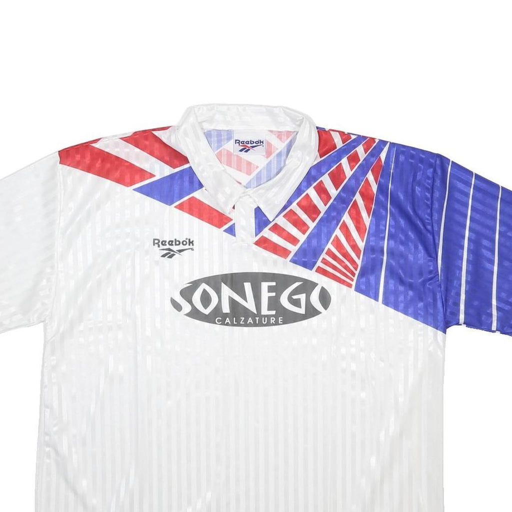 REEBOK Mens White & Blue Graphic T-Shirt 2XL Short Sleeve Collared Sportswear
