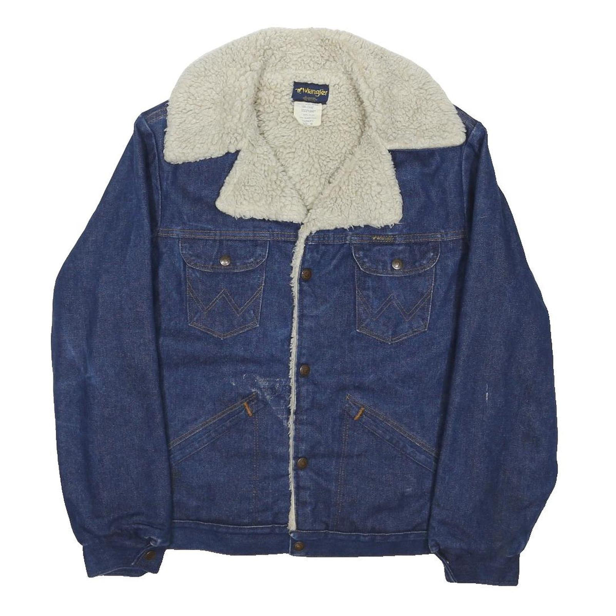 WRANGLER Mens Blue Denim Jacket M Cotton Blend Button Closure Sherpa Collar Long
