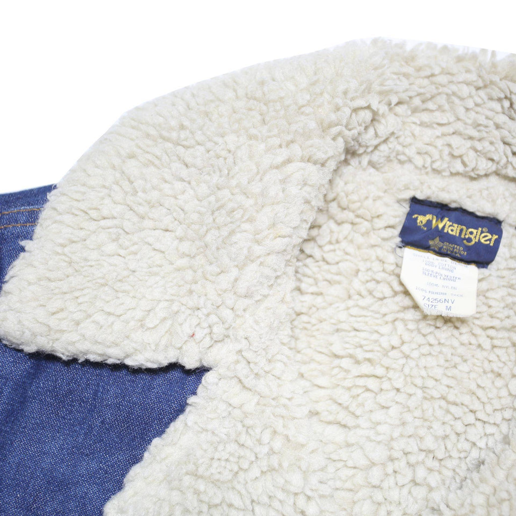WRANGLER Mens Blue Denim Jacket M Cotton Blend Button Closure Sherpa Collar Long