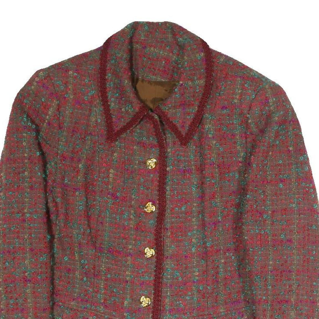 Womens Red Check Blazer Cotton Blend S Classic Fit Button Closure Long Sleeve