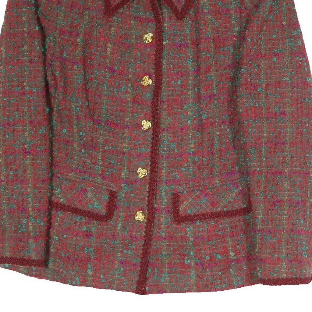 Womens Red Check Blazer Cotton Blend S Classic Fit Button Closure Long Sleeve